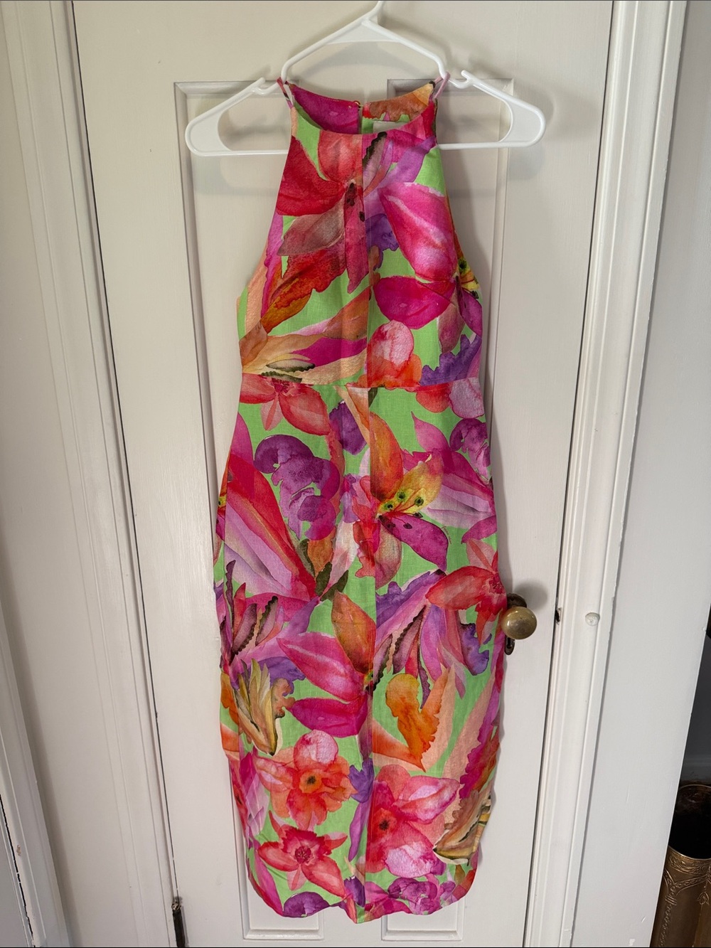 FARM Rio Linen Bright Floral Halter Midi Dress in Green, Pink & Purple